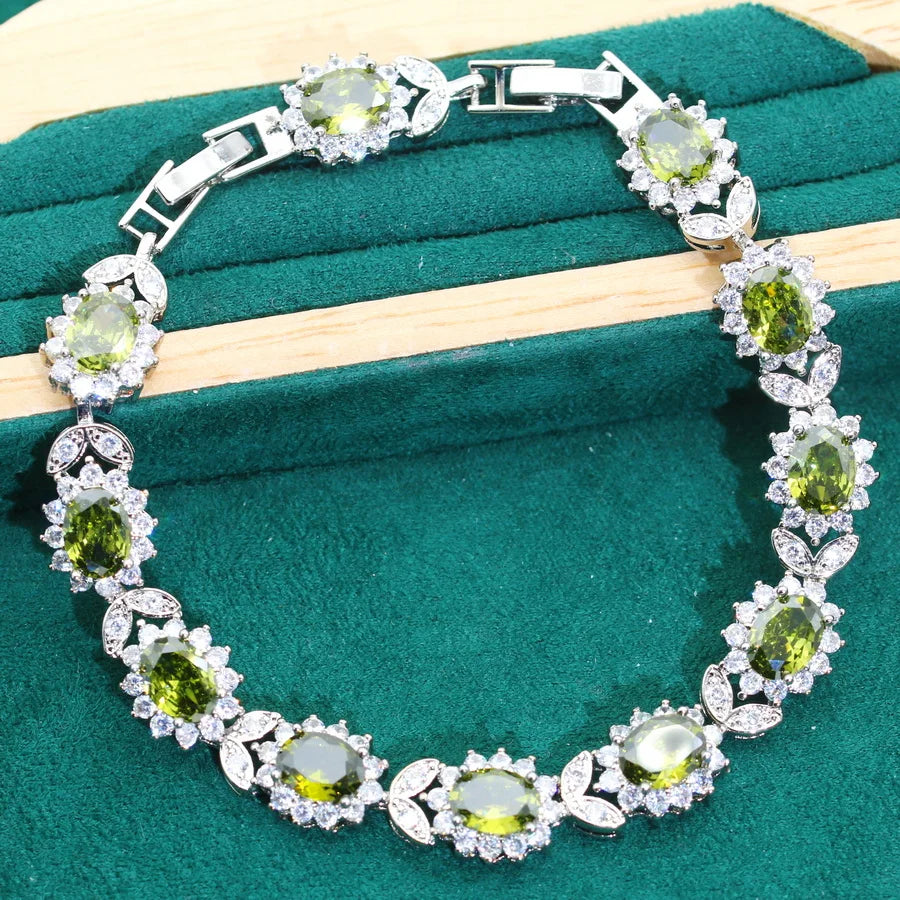XOTICA 2024 New Classic 925 Silver Jewelry Set Olive Green Zircon Wedding Bracelet Pendant Ring for Women's Engagement Birthday Gifts