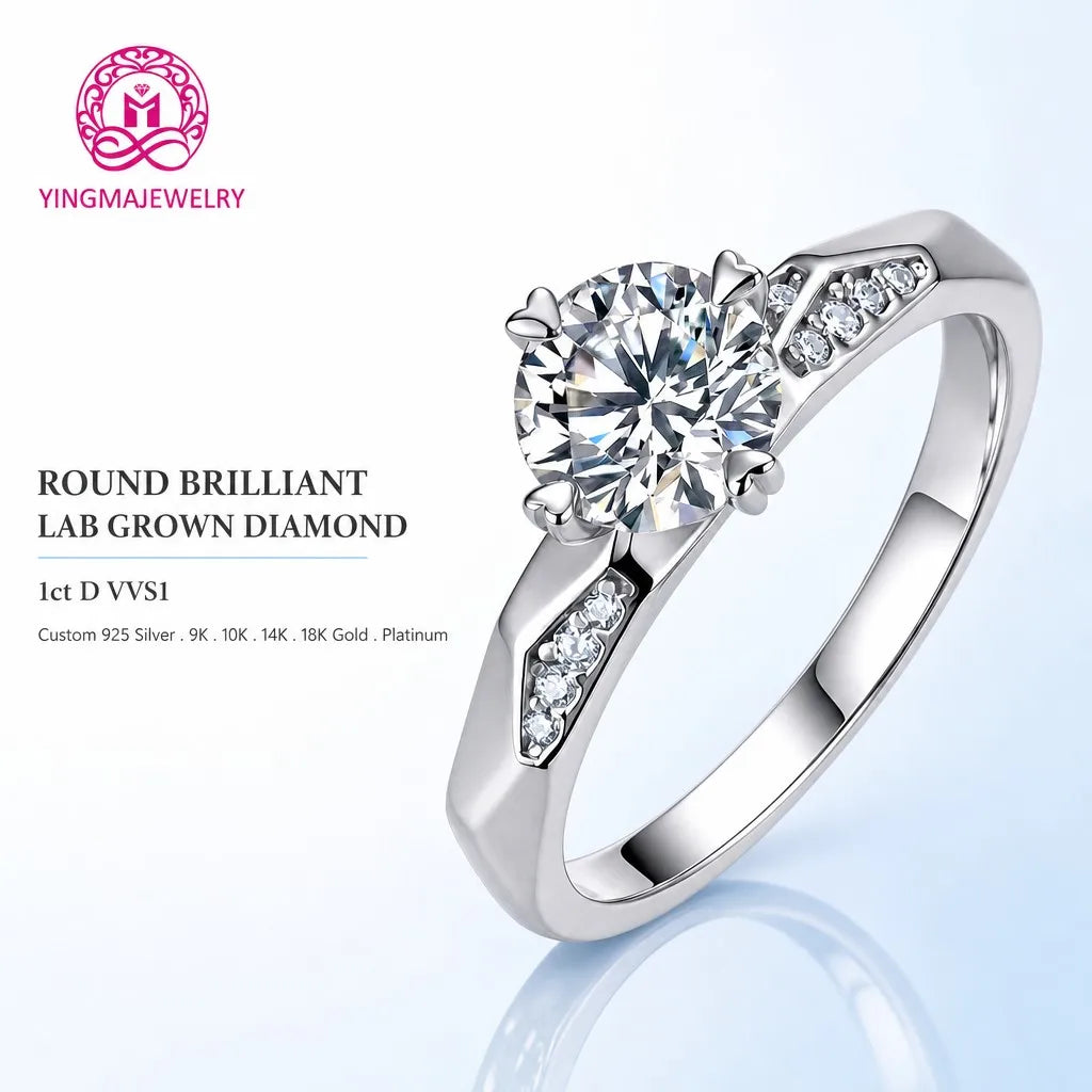 Gioiellieri Heart Prong Angular Shank Round Brilliant Lab Grown Diamond Ring 1CT D VVS1 9K 10K 14K 18K Solid Gold Women Fine Fashion Jewelry