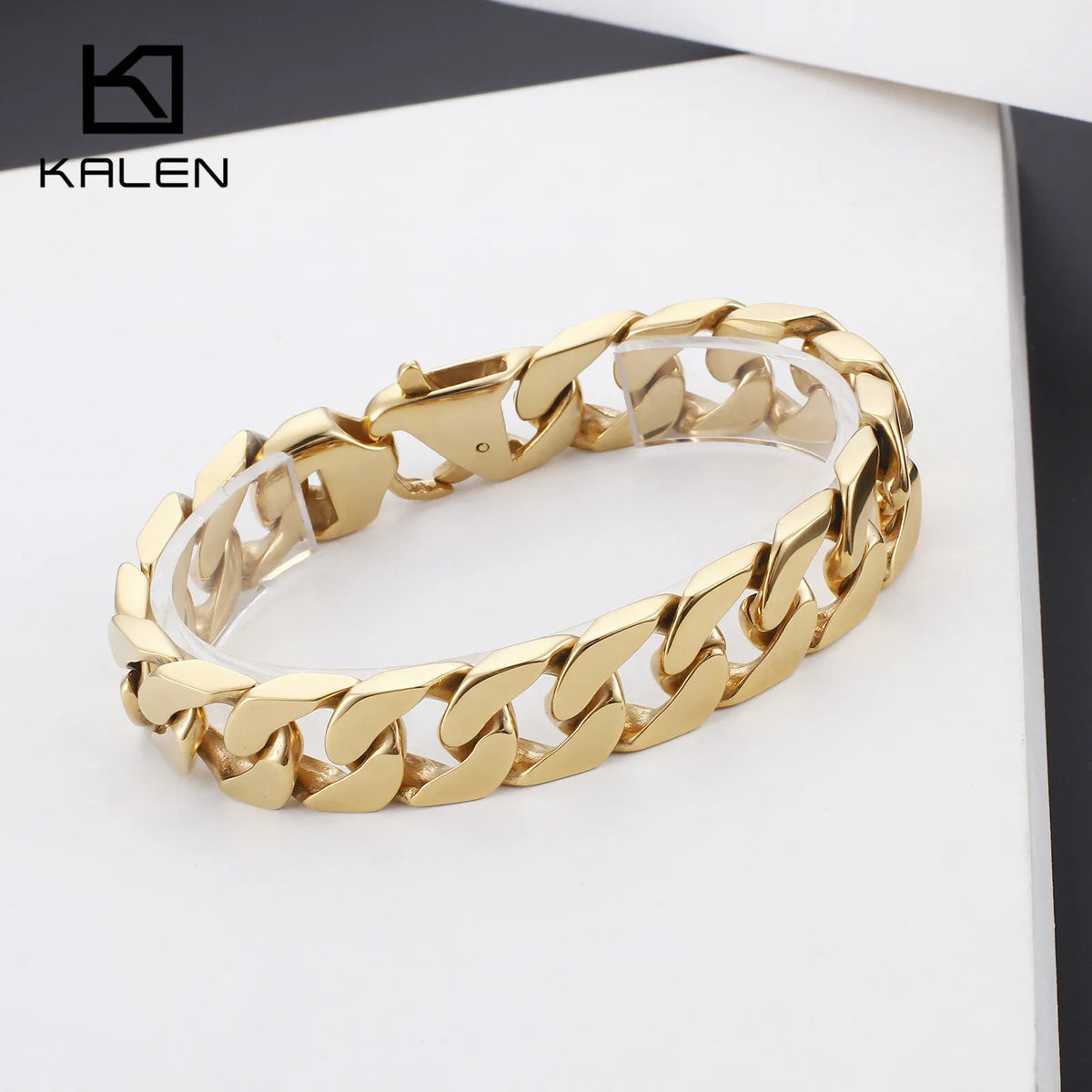 KALEN 22cm Stainless Steel Gold Cuban Chain Bracelet for Men