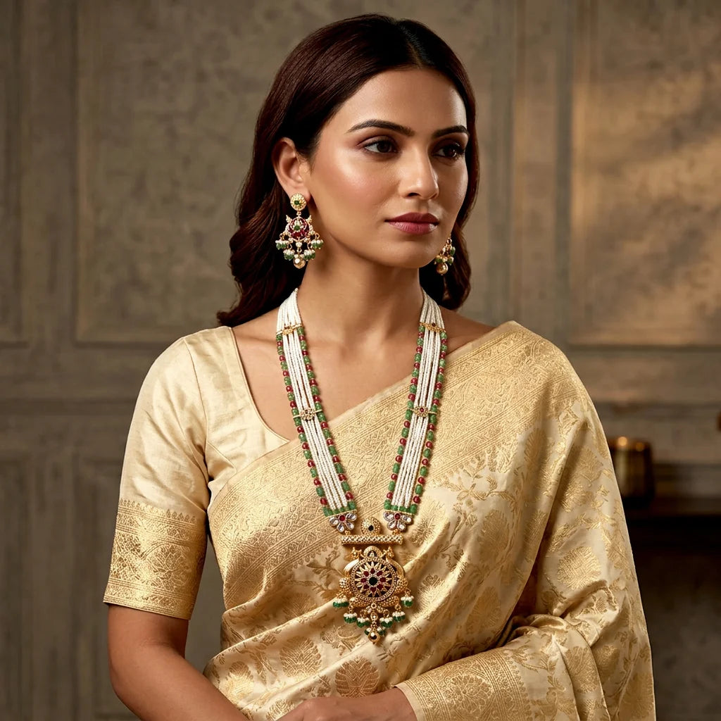 Luxury Antique Gold Green Pearl Beaded Long Pendant Necklace Set with Matching Earrings Traditional Copper Bridal Jewelry Set