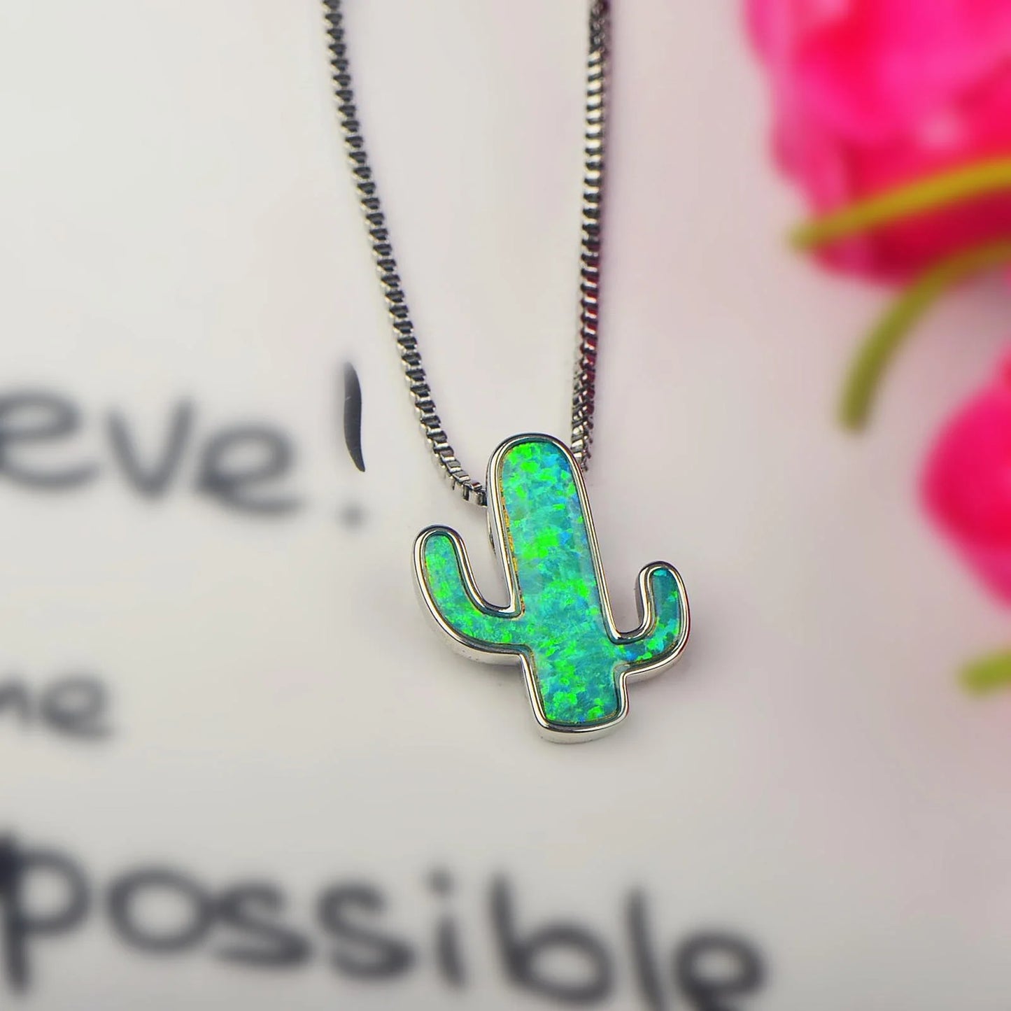 Vintage Aobao Silver Plated Box Chain Opal Inlaid Cactus Design Party Diamond Pendant Necklace