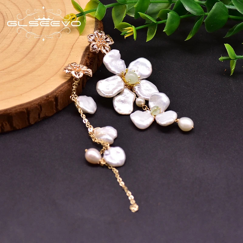 Natural Fresh Water Pearl Asymmetric Drop Earrings for Women Flower Long Tassel Statement Earrings