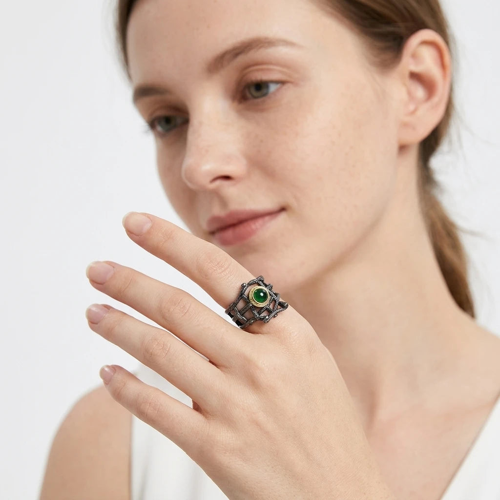 Handmade Funky Green Glass 925 Sterling Silver Black Plated Ring