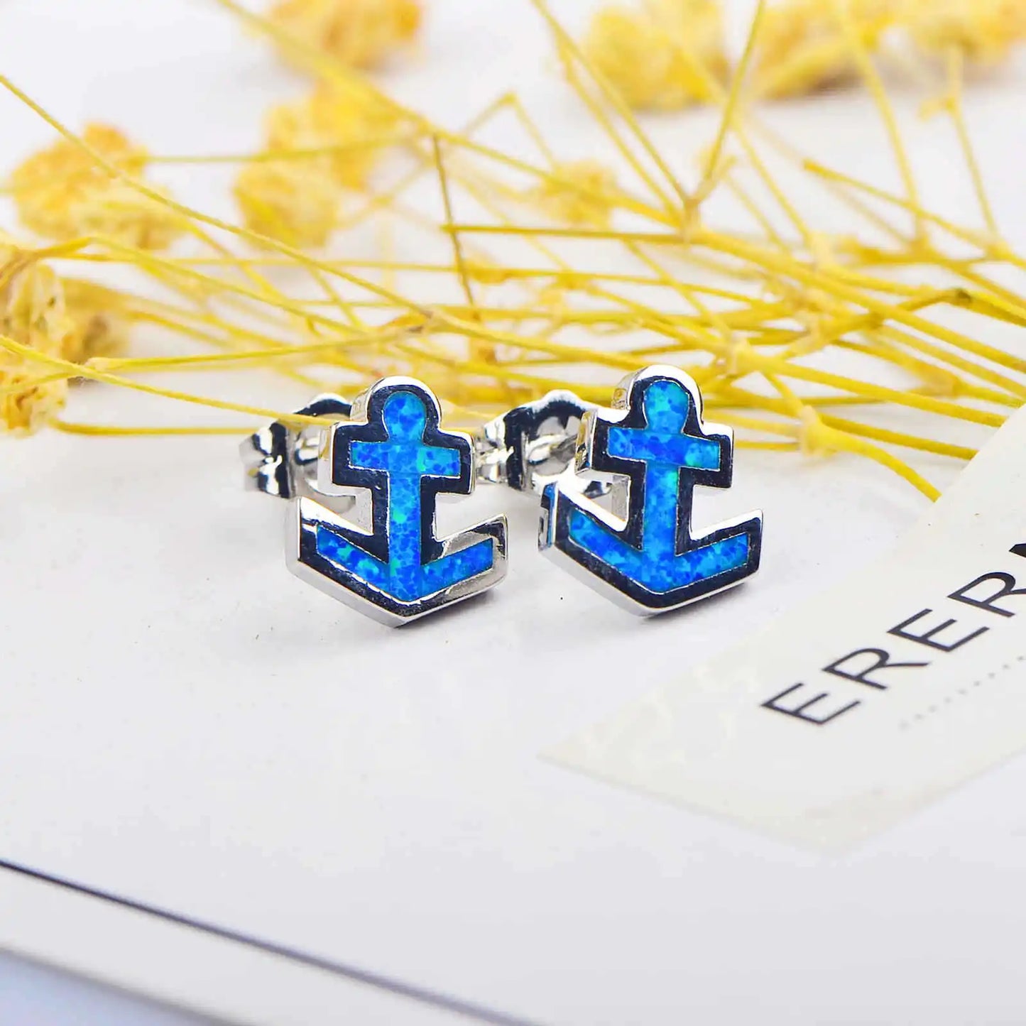 TikTok Ins Hawaiian Viral Blue Opal Anchor Studs  Nautical Ship Vibe Earrings Trendy Jewelry Wholesale