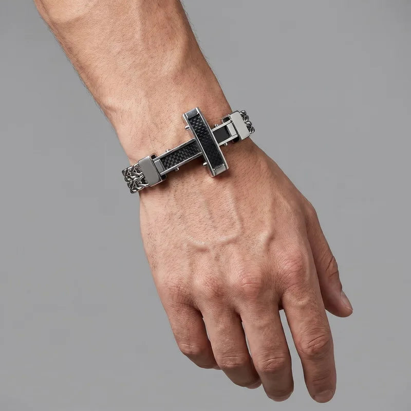 Kalen Hip-hop Luxury Unique Carbon Fiber Cross Double-Sided Chain Bracelet Magnetic Clasp Stainless Steel Men's Bracelet