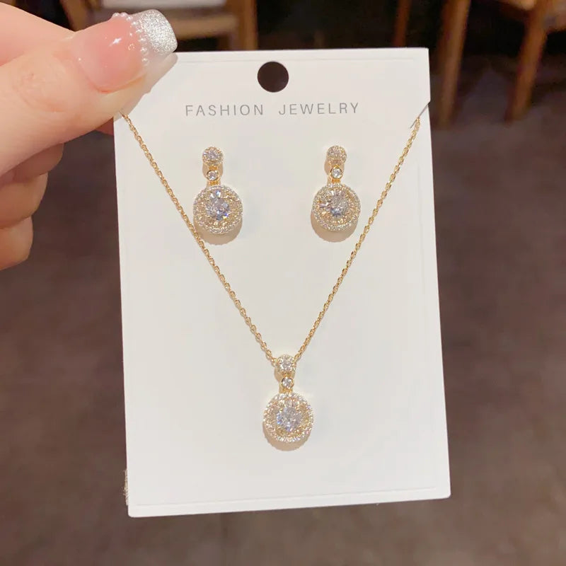 Top Quality Fashion Exquisite Copper Necklace and Earrings Set with Zircon Classic Real Gold Plated Jewelry Set for Women