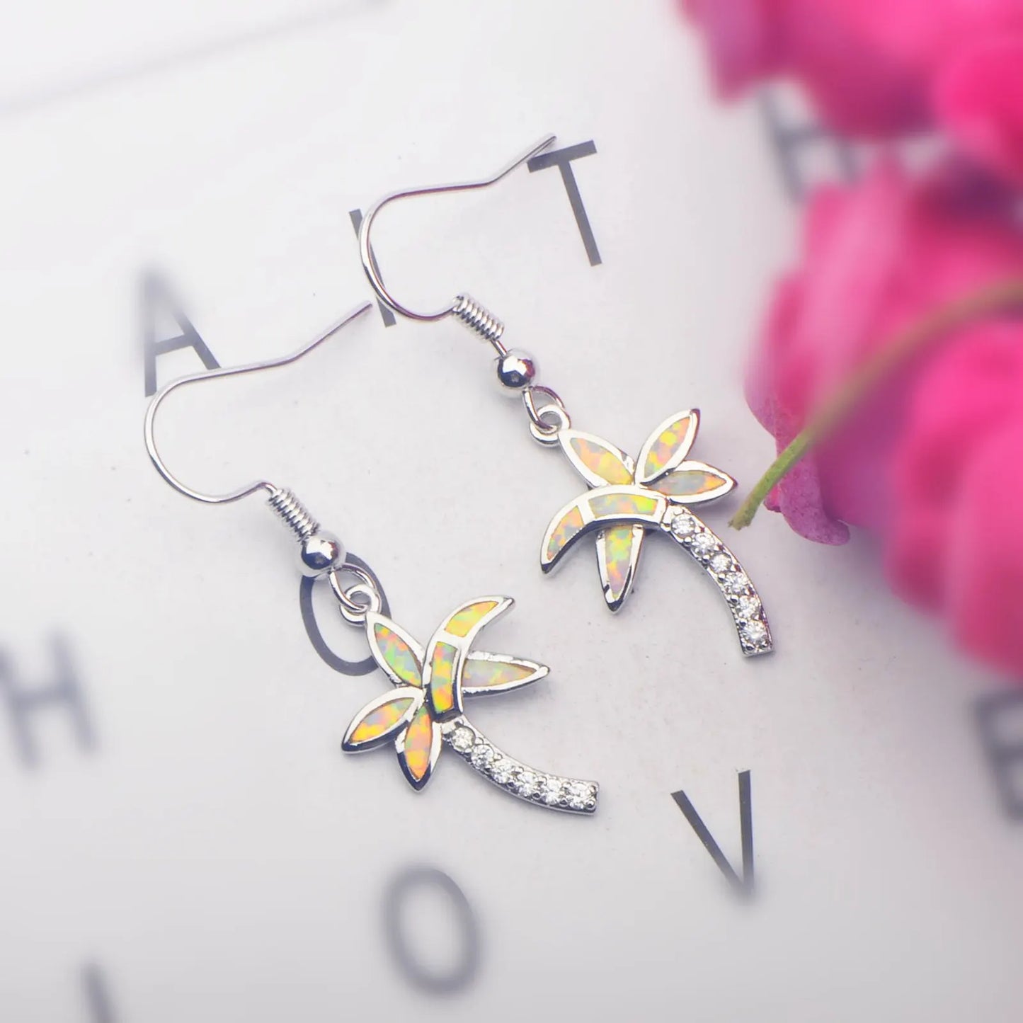 Tropical Palm Tree Opal Drop Earrings - Iridescent Opal Fronds & CZ Trunk Design | Vacation-Chic Daily Jewelry Bulk Gifts