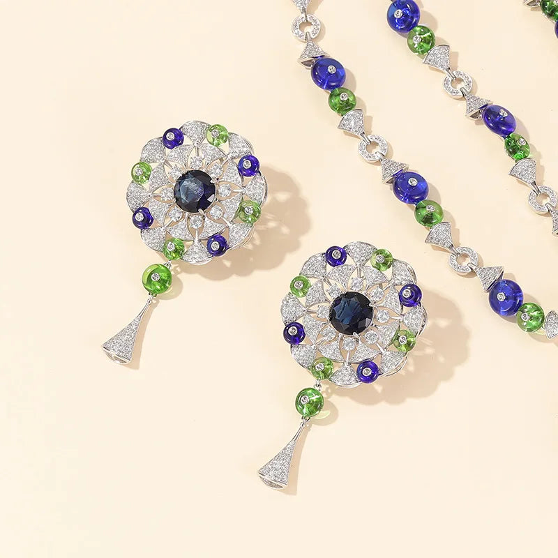 Middle Eastern Luxury Big Flower Pendant Tassel Sweater Chain Necklace & Earrings Set — Rhodium Plated
