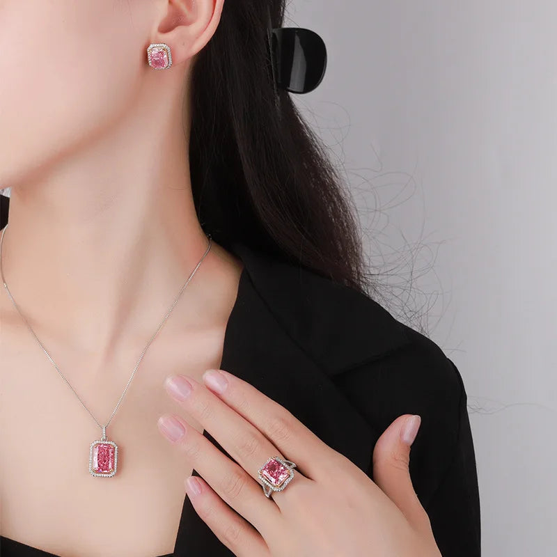 Gemfiori New Hot Selling Jewelry Ice Flower Cut Deep pink Copper Inlaid Zircon Fashionable Set Holiday Gift