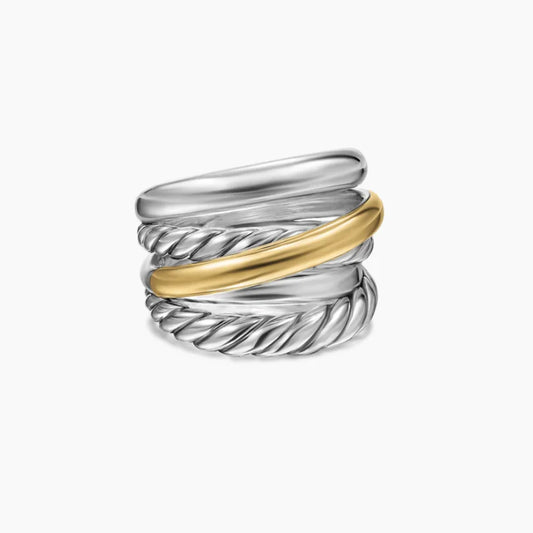 FASHIONISTA DY High-Quality Silver-Plated 17.5mm Five-Strand Cross Diamond Ring, Gold-Plated Diamond Ring, Jewelry
