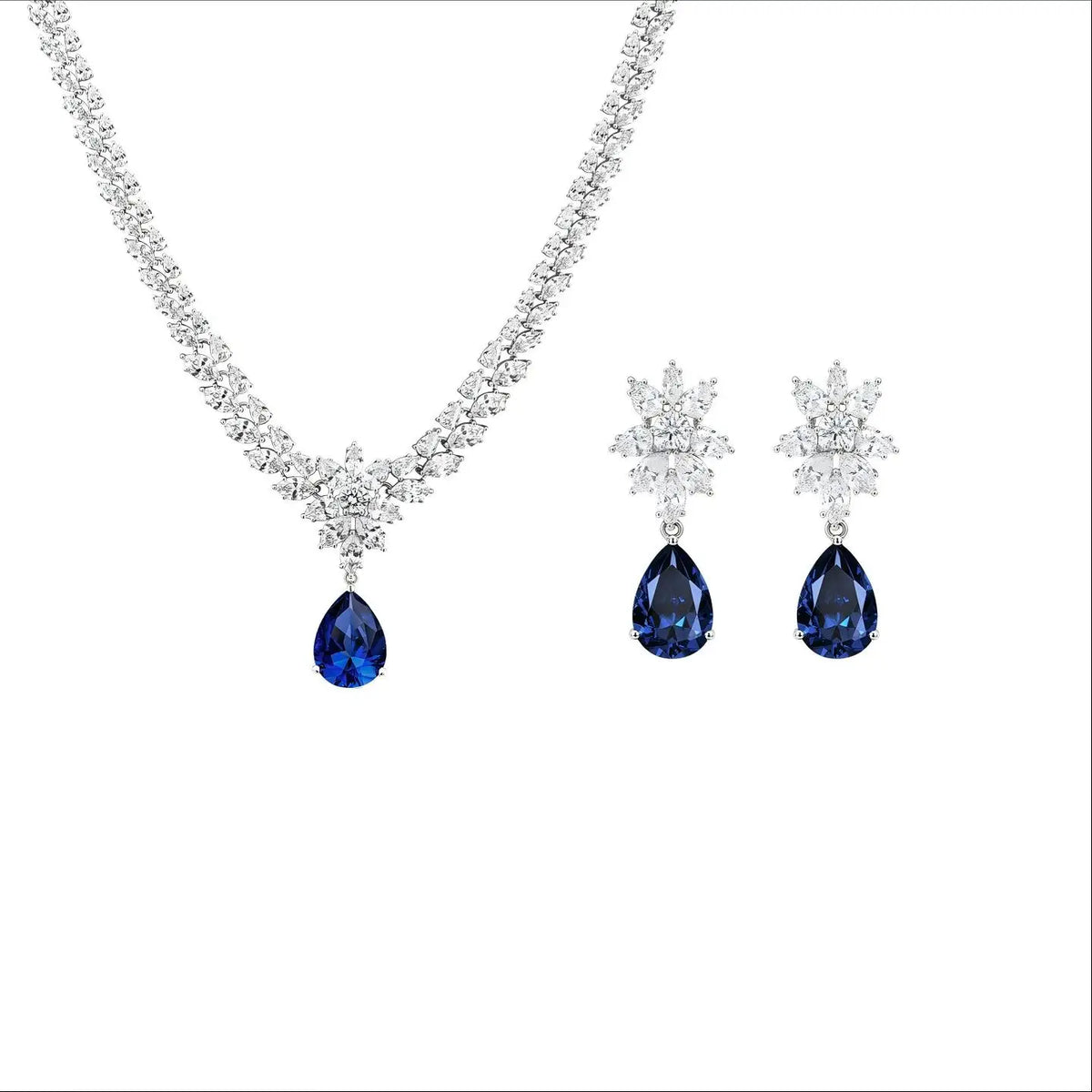 ArtistA High Quality Prong Set 925 Sterling Silver Lab Grown Blue Sapphire Ring Earring Necklace Set