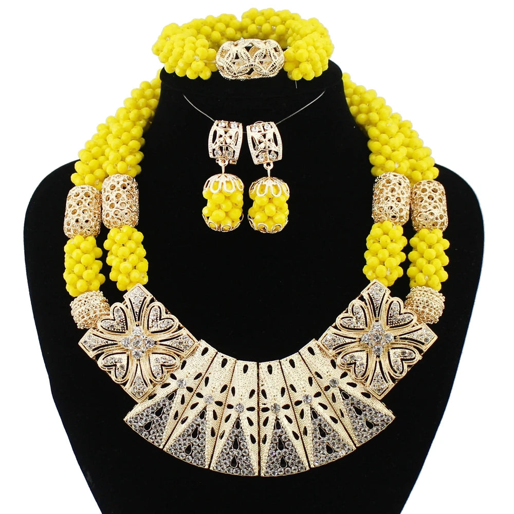 Zhuerrui Luxurious Nigerian Traditional Red Bead Necklace and Earring Set Gold-Plated African Bridal Wedding Jewelry YL167