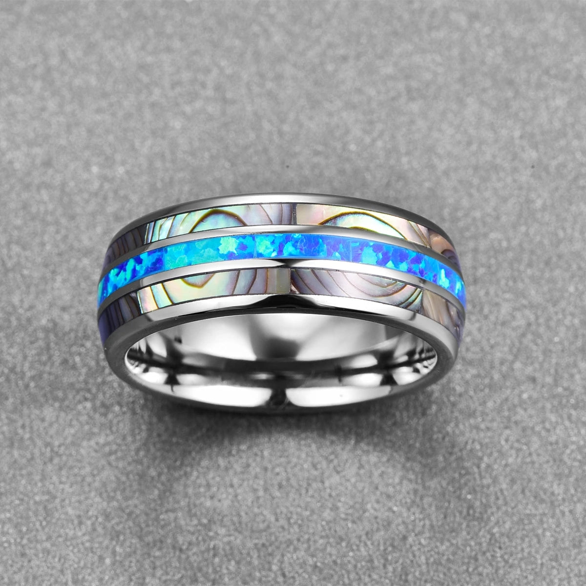 REBEL Tungsten Steel Ring with Abalone Shell Opal Inlay | Natural Opal Wedding Band