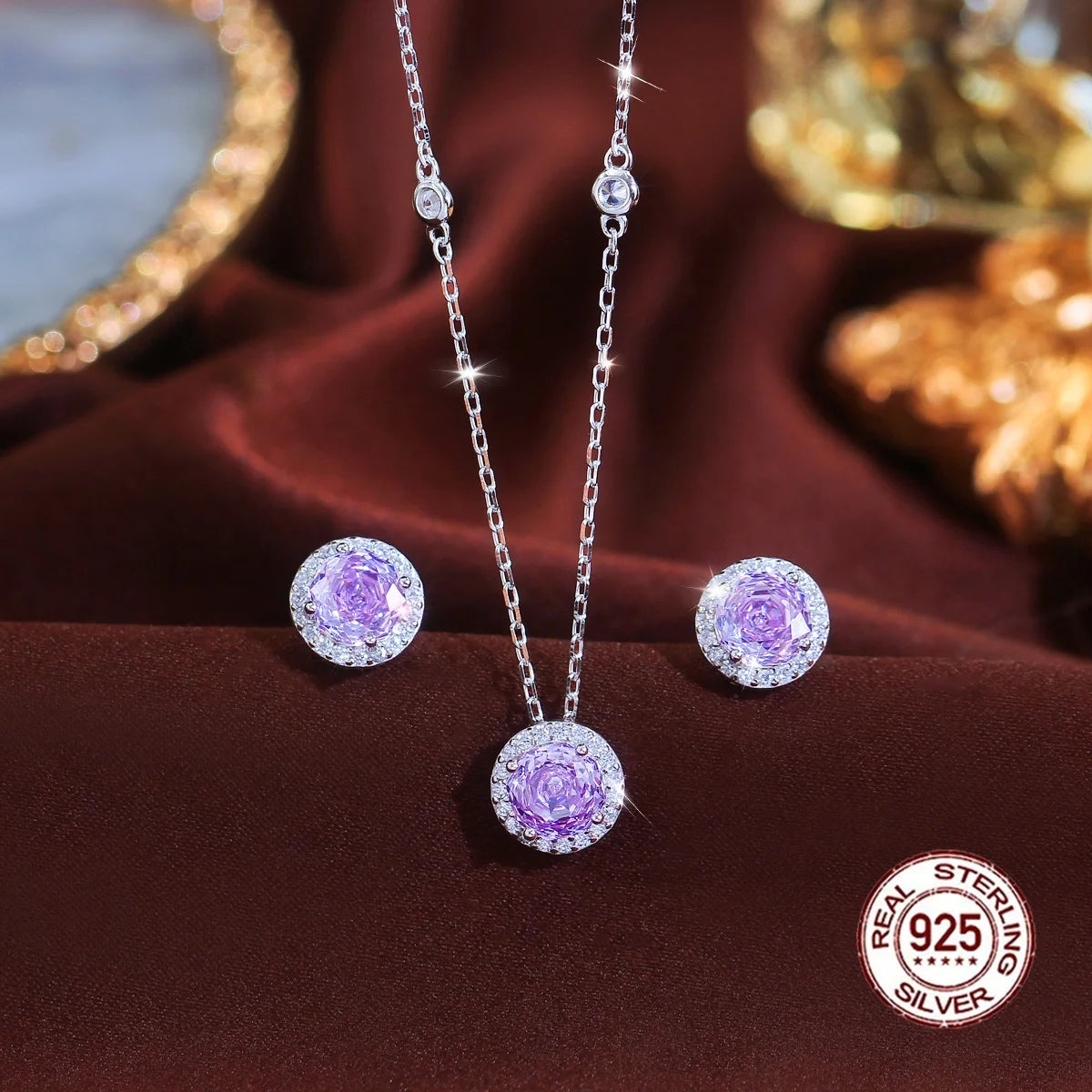 S925 Solid Silver Charming Rose Flower CZ Purple Round Pendant Necklace and Earring Jewelry Set for Ladies Fine Jewelry