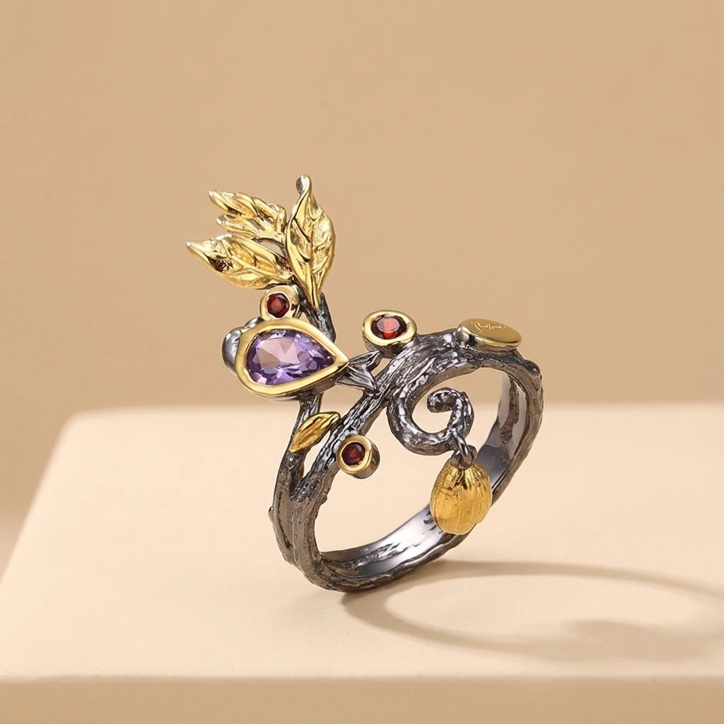 Flower Amethyst Garnet Stone 925 Sterling Silver Jewelry Ring for Girl
