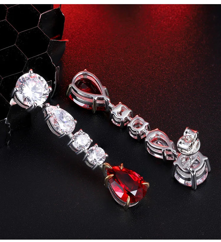 Gemfiori Anster High Quality Fine S925 Silver Lab Grown Ruby Stud Earrings Stylish and Elegant Long Earrings
