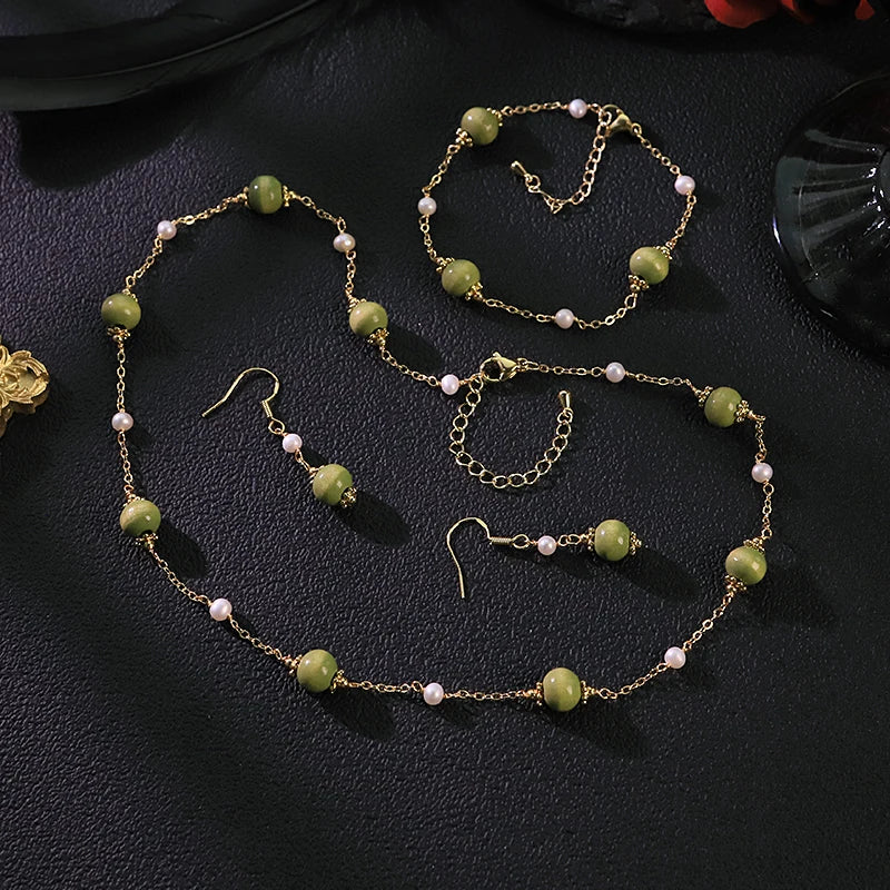 GLSEEVO Natural Freshwater Pearl & Olive Green Wood Bead 3-Piece Jewellery Set — Necklace, Bracelet & Earrings