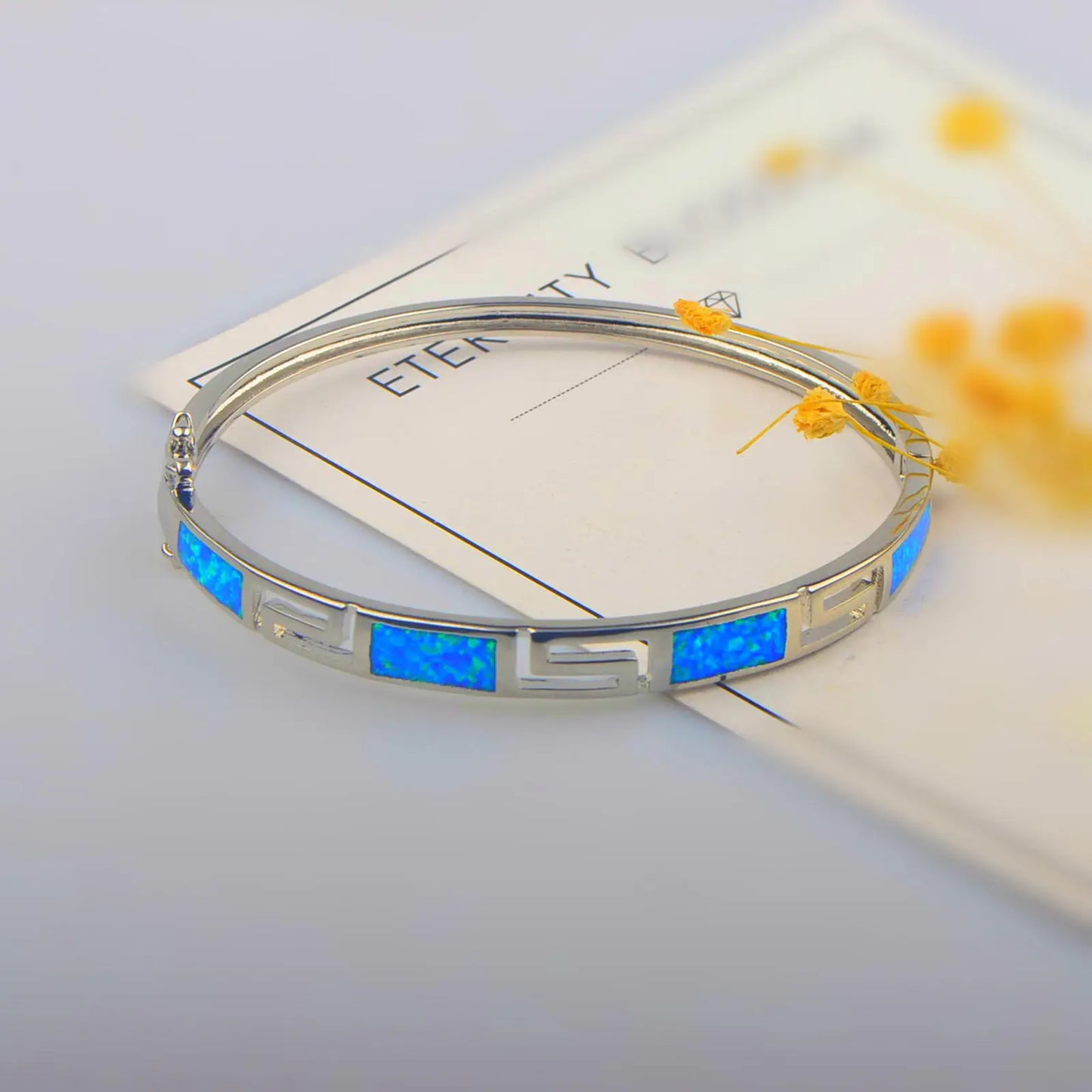 Shimmering Blue Opal Bangle Aobao Greek Key Geometric Design Silver Tone Jewelry