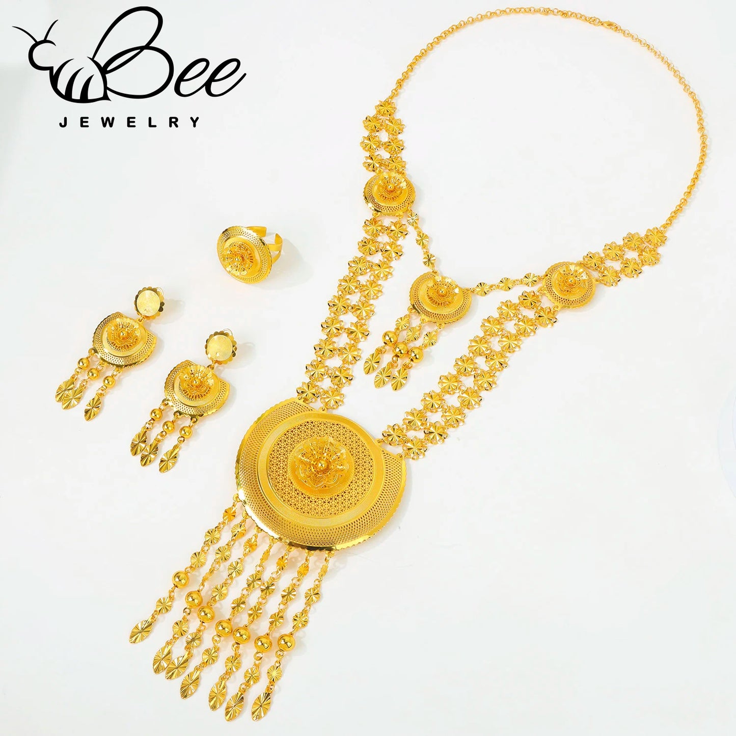 Luxury Traditional Indian 24k Gold Bridal Wedding Jewelry Set Gold Alloy Beads Long Necklace Earrings Jewelry For Evening Party