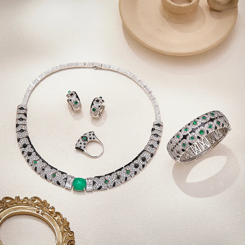 Vintage Leopard Print Necklace Earrings  Rings  Bracelet 4-piece Set Dubai Luxury Style Women's Brass Zirconia Jewelry