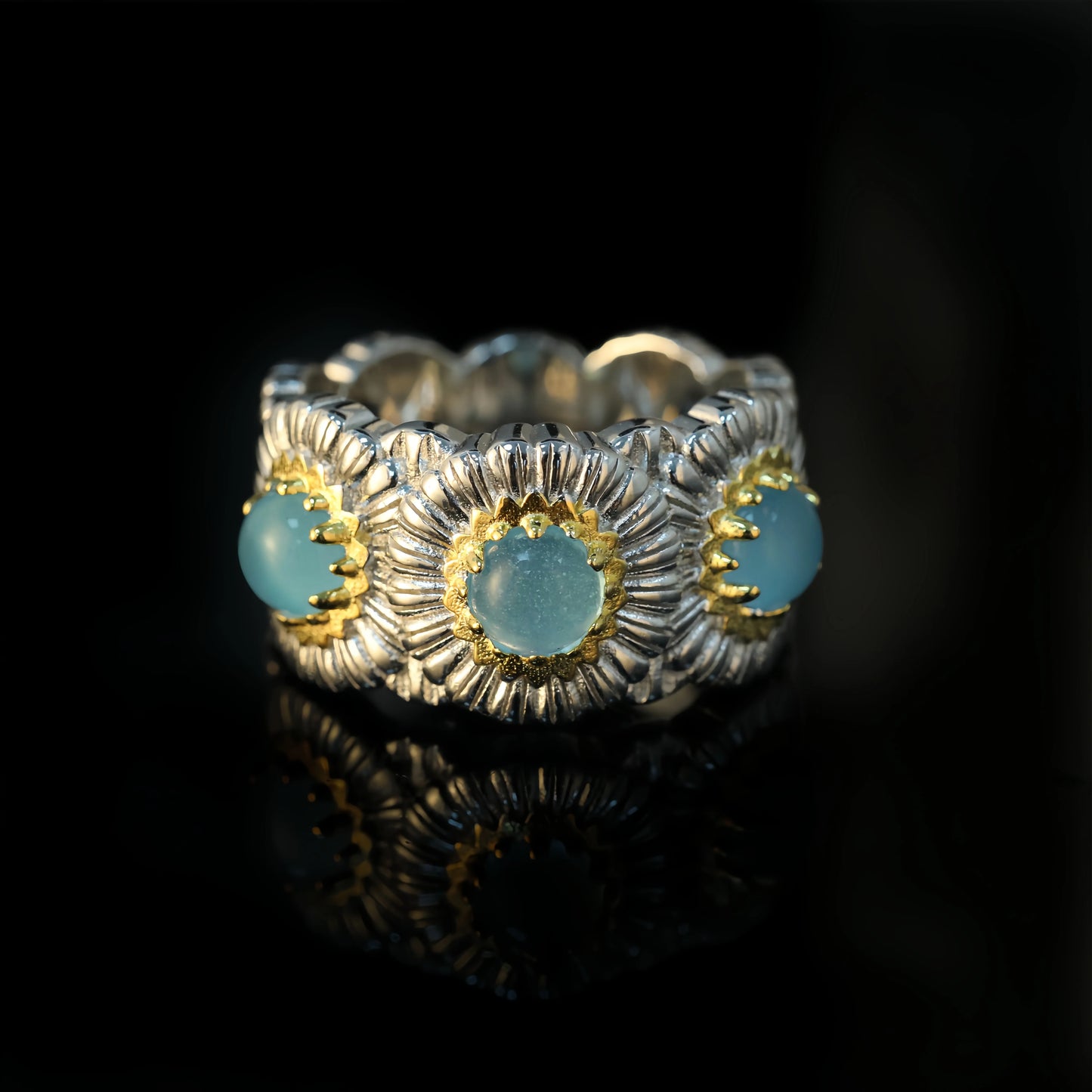 MUSHAN Jewelry Factory Women 925 Sterling Silver Daisy Ring with Blue Agate Opal Fine Jewelry Flower Rings for Anniversaries