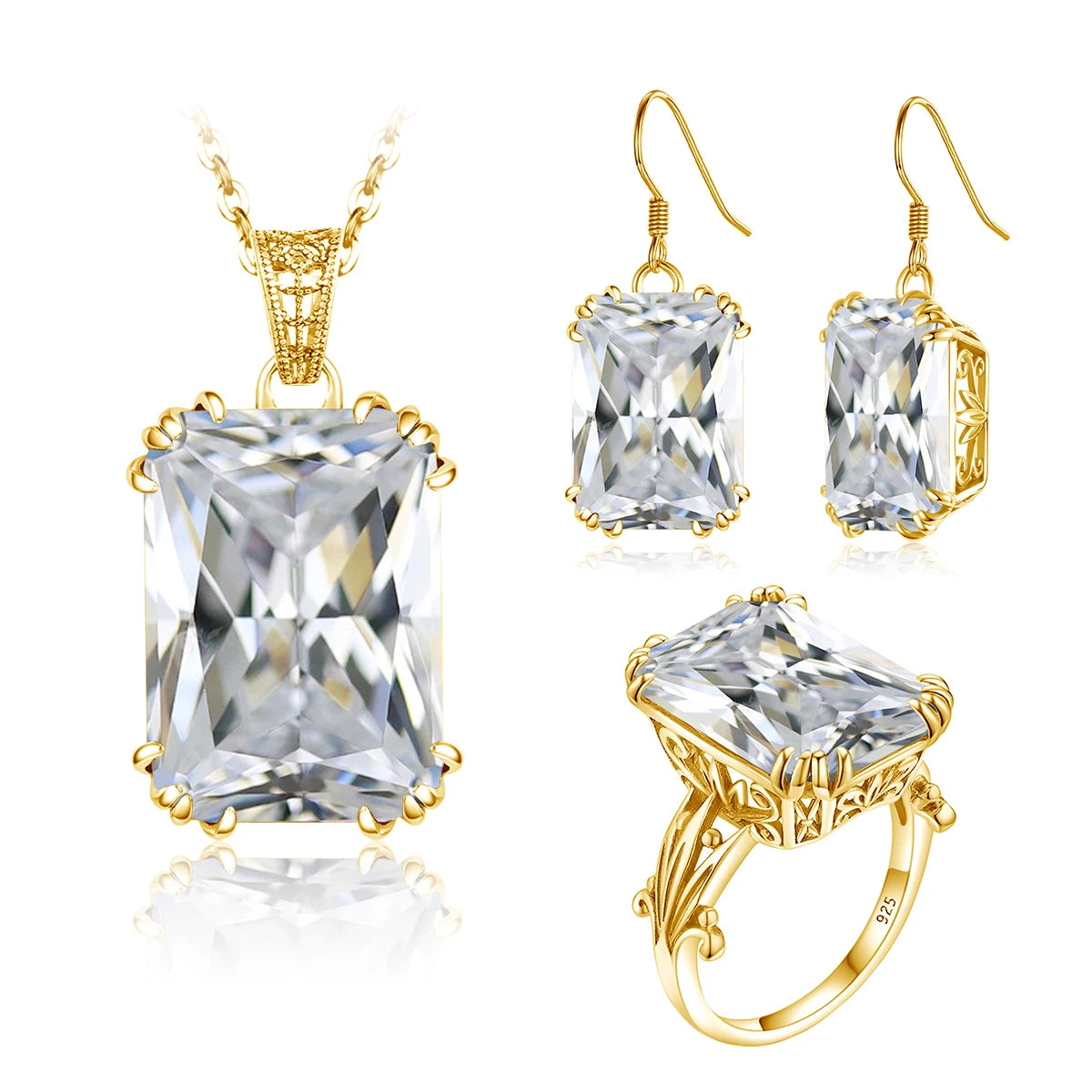 ArtistA Emerald Gemstone Vintage Engagement Wedding 925 Sterling Silver 18K Gold Plated Jewelry Set with Ring Earrings Pendant for Women