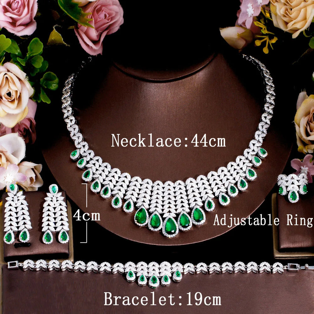 Luxury Water Drop Big Statement Jewelry Set for Women Wedding Green Cubic Zircon CZ African Dubai Saudi Arabia Bridal Jewelry