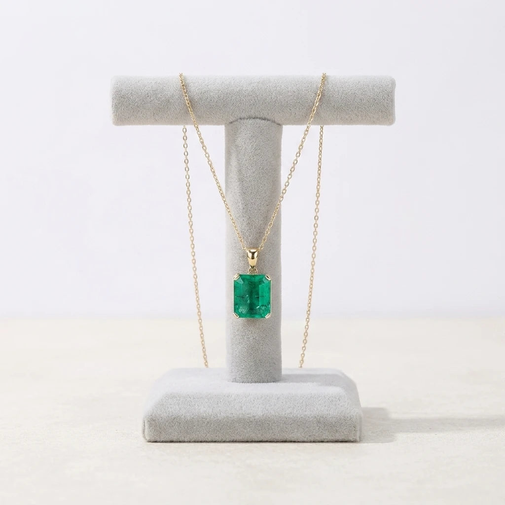 ArtistA 14k Yellow Gold Jewelry 10x12mm Green Lab Hydrothermal Colombian Emerald Stone Chain Pendant Necklace Earring Combination