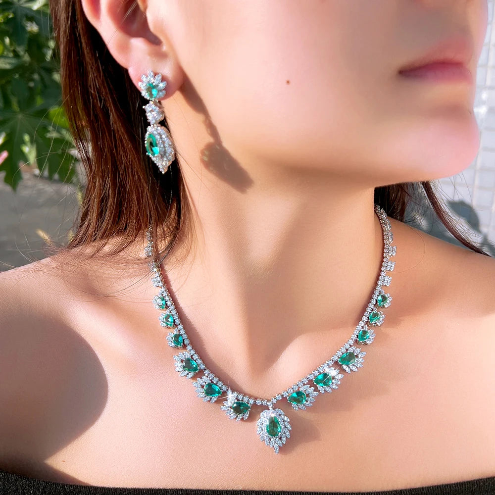 Chic White and Green Cubic Zirconia Feather Shape Necklace and Earrings Wedding Brides Banquet Luxurious Jewelry Set for Women