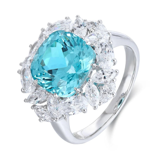 Gemfiori S925 Silver Ring Paraiba 8 * 8 Personalized Design Elegant and Simple Temperament Fashion Versatile Ring Jewelry for Women