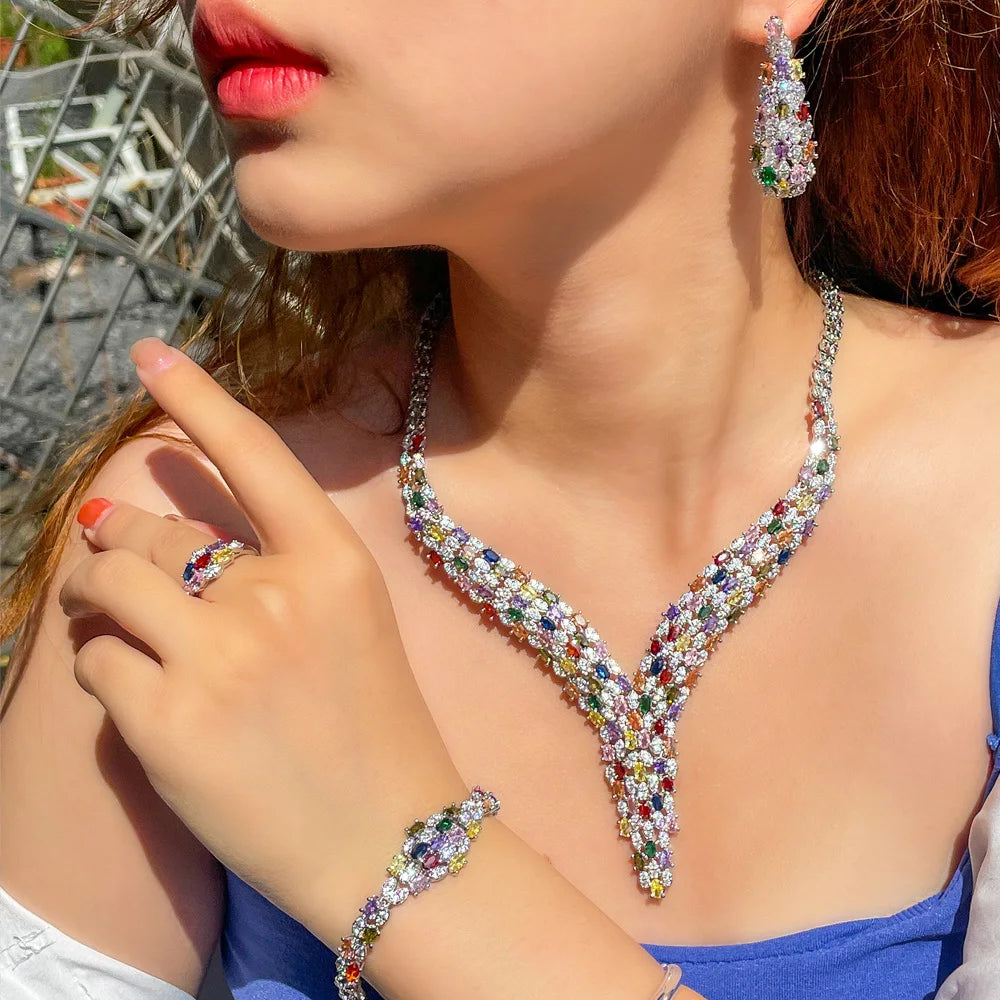 Cubic Zirconia Stone Heavy Work Multi Color Big Necklace Arabic Dubai Bridal Jewelry Set for Women Luxury Wedding Accessories