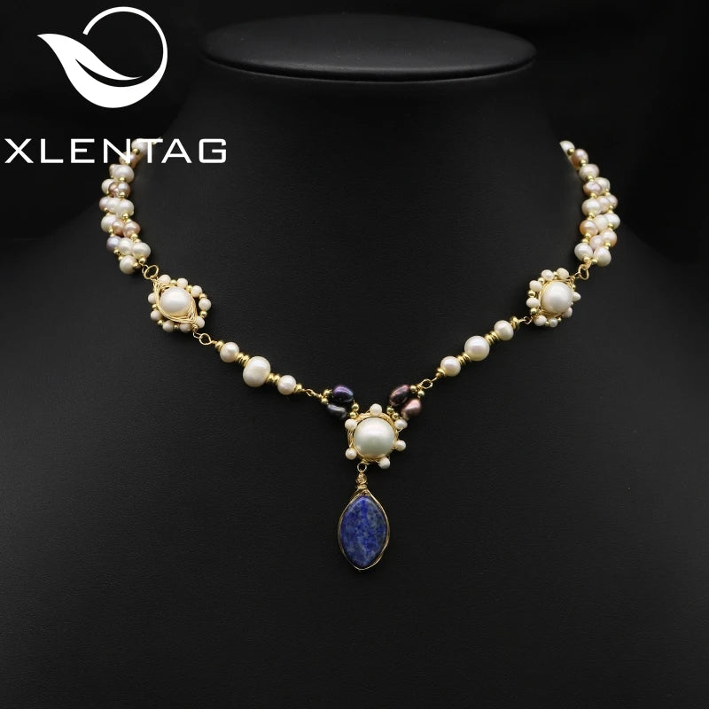 Natural Freshwater Pearl Lapis Lazuli Woven Handmade Pendant Necklace Colorful Multilayer Ball Chain Beaded Necklace Jewelry