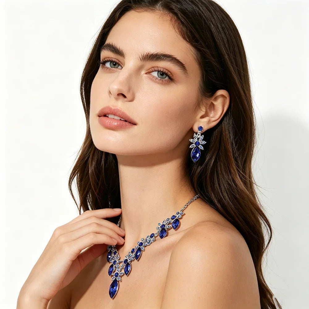 XM S383 Silver Plated Marquise Cut Zircon Floral Teardrop Necklace & Drop Earrings Set