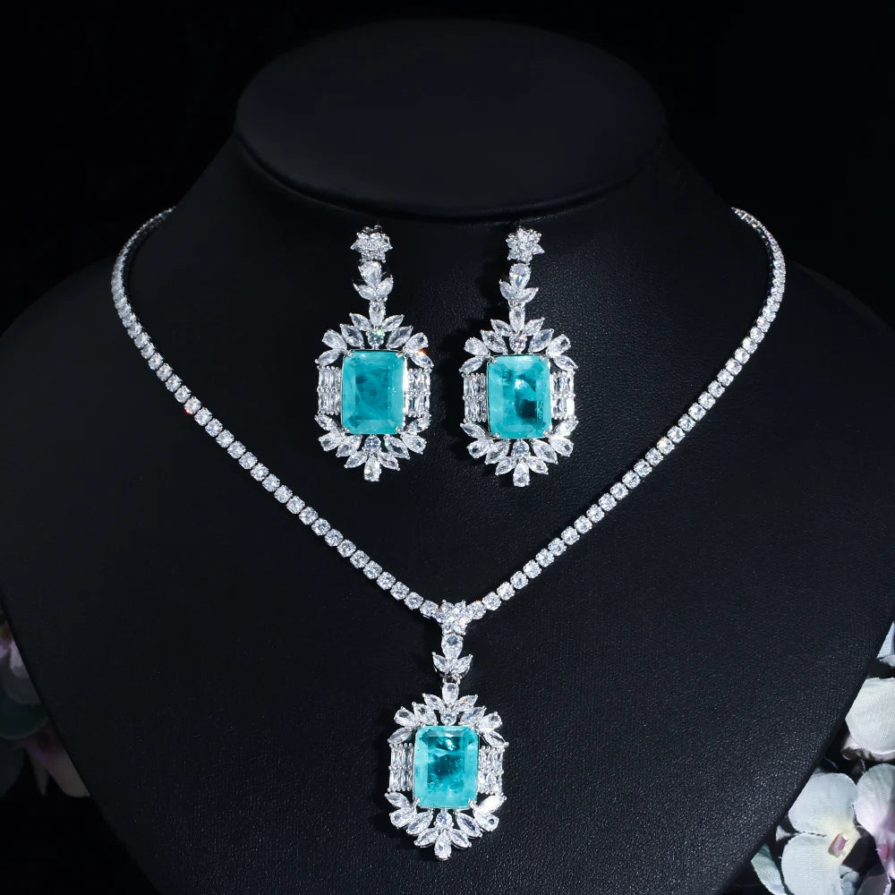 Women Quality Big Chic Yellow Cubic Zirconia Stone Wedding Tennis Necklace and Drop Earrings for Bridal Jewelry Set Accessories