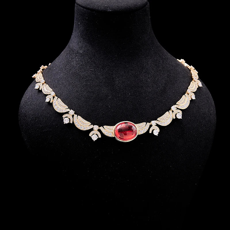 Brass Ruby Necklace Earring Rose Gold Set Anti Allergy High Quality Chain Gorgeous Women's Evening Dress Jewelry