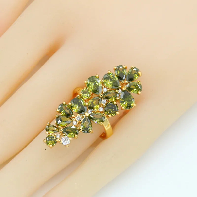XOTICA Luxury Green Peridot Gold Jewellery Set Yellow Gold Necklace Earrings Pendant for Wedding Engagement Christmas Birthday Gift