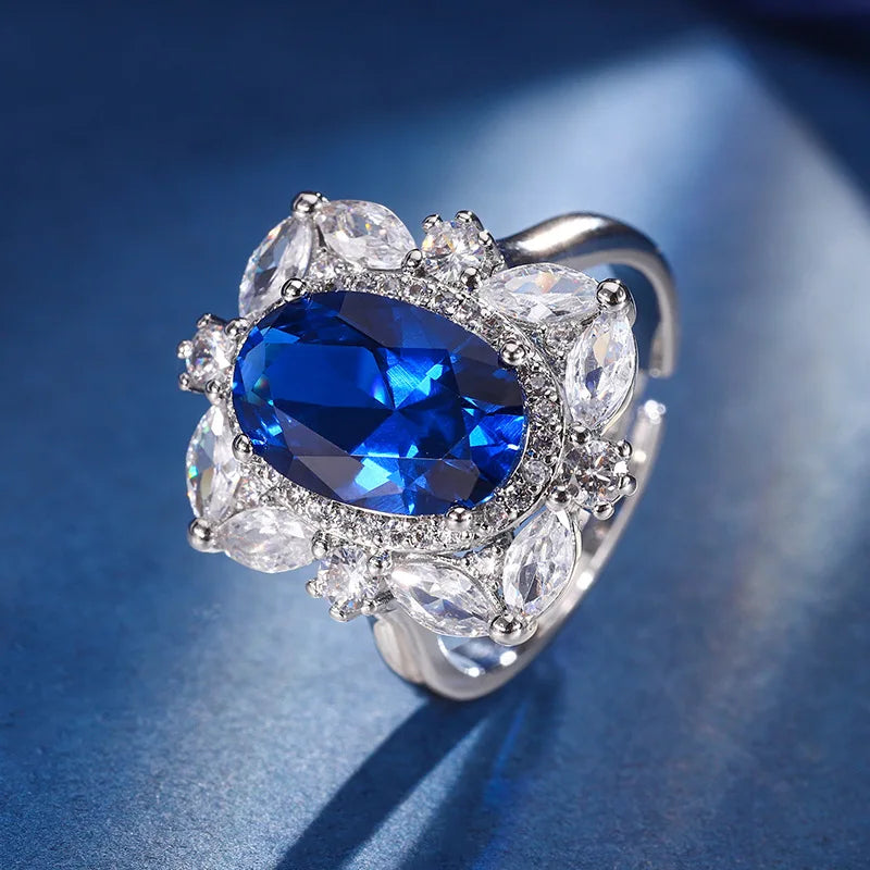 Gemfiori New High-end Design Jewelry Set Inlaid with Blue Zircon Pendant Ring Earrings European and American Luxury Jewelry