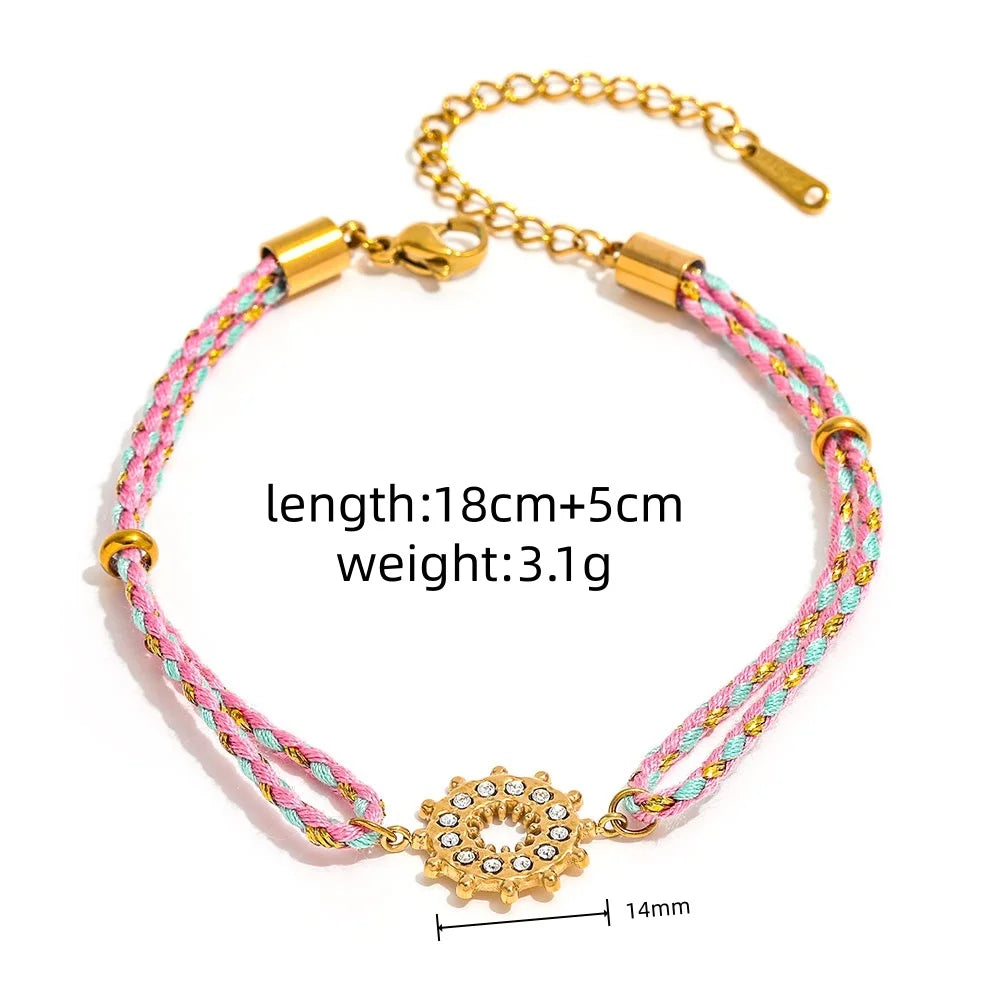 Joolim High End Gold Plated Waterproof Boho Woven Rope Sunburst Zirconia Pendant Stainless Steel Bracelet Wholesale Jewelry