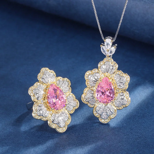 Gemfiori Light Luxury Style High-end Feeling Water Droplet Zircon Pendant Ring Ice Pollen Geometric Temperament Fashionable Set