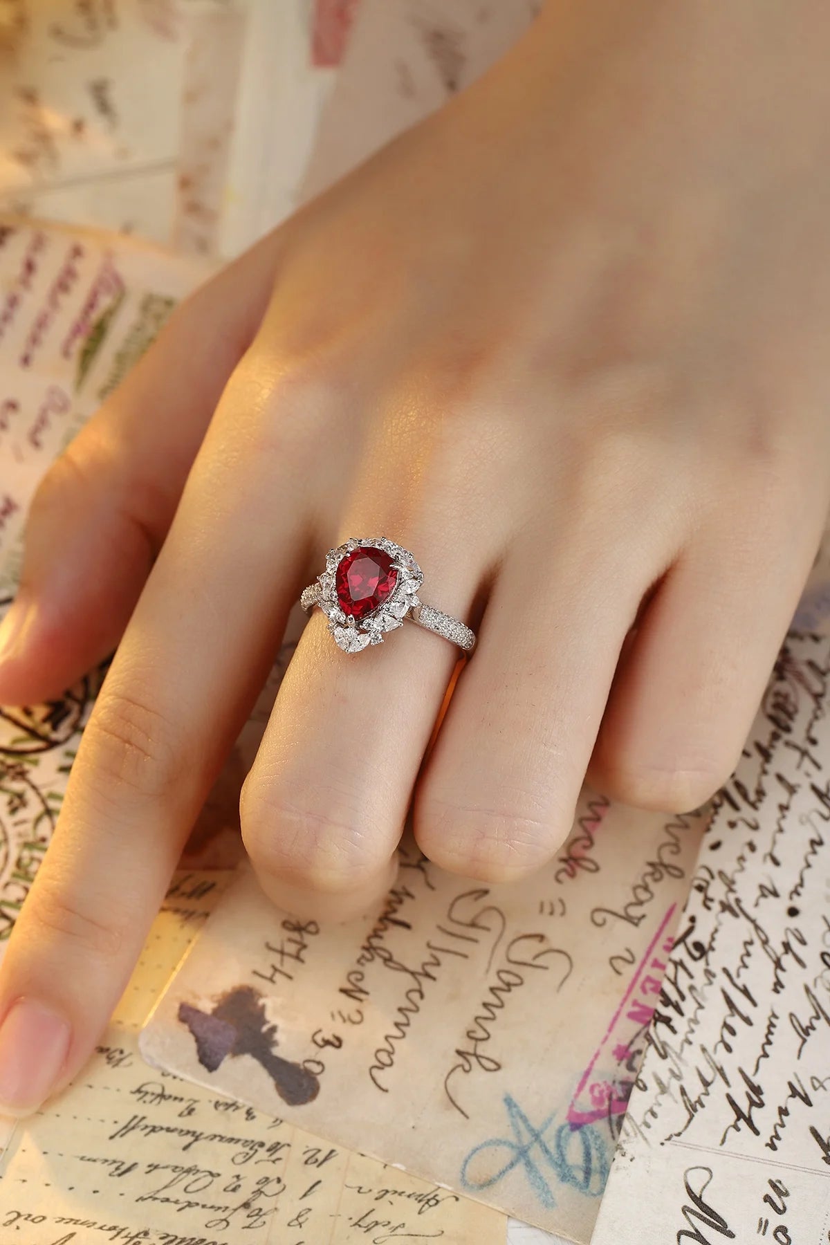 Gemfiori Retro Design Pear 2.4ct Lab Grown Ruby Sterling Silver 925 Engagement Ring Rhodium Plated Prong Setting Personalized Wedding