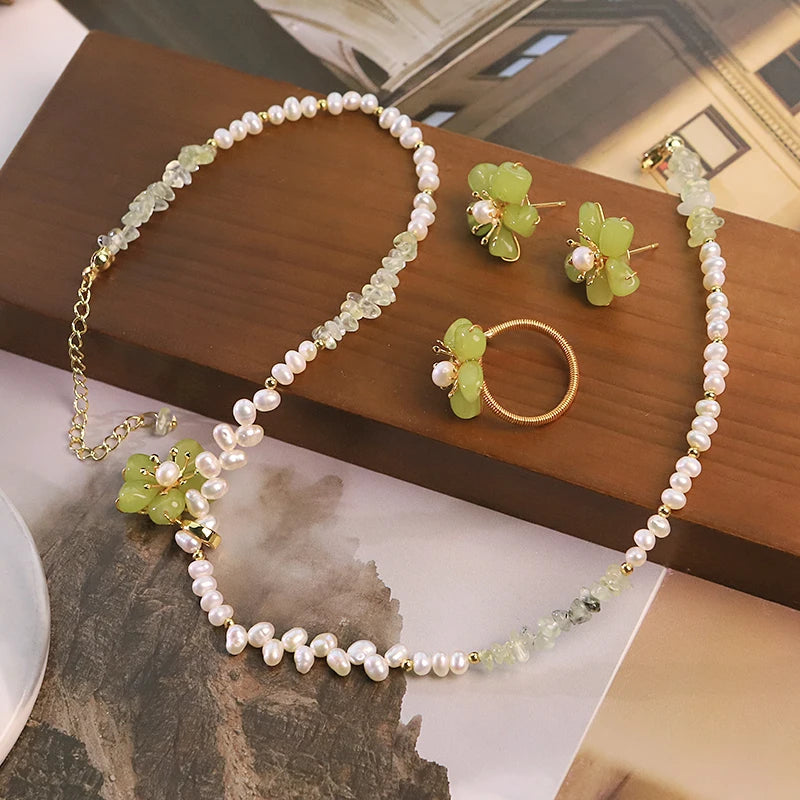 GLSEEVO Natural Freshwater Pearl & Green Jade Flower Jewellery Set — Necklace, Earrings & Ring