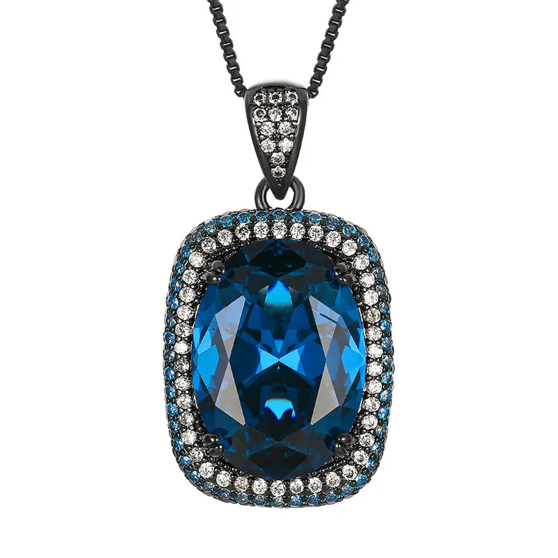 Gemfiori Luxury Vintage Gothic Royal Blue Sapphire Jewelry Set Black Gold Plated Cushion Cut Blue Gem Halo Pendant Necklace Earrings Ring
