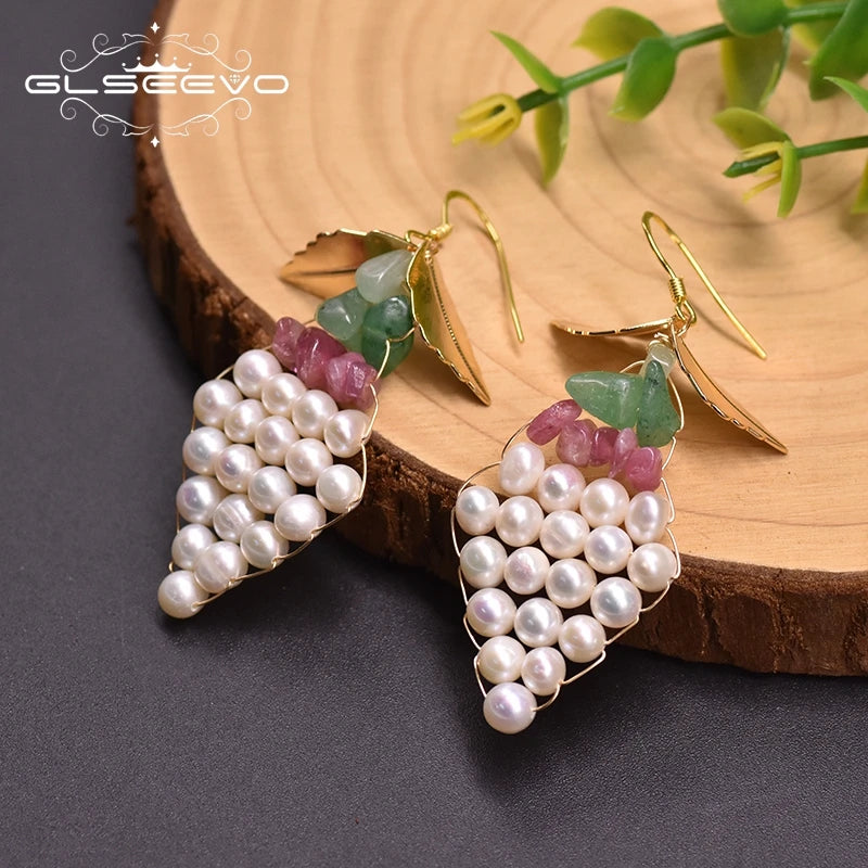 Natural Fresh Water Dangle Earrings for Women Leaf Grape Drop Earrings for Women Fashion Jewelry