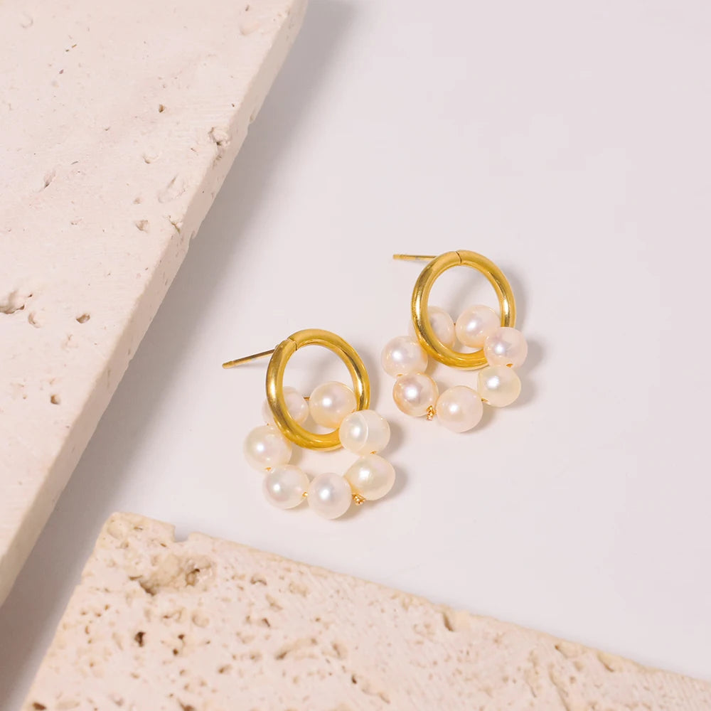 Hypoallergenic Stainless Steel 18K Gold Plated Earrings Freshwater Pearls Baroque Knot Dangling Hoop Earrings for Girls