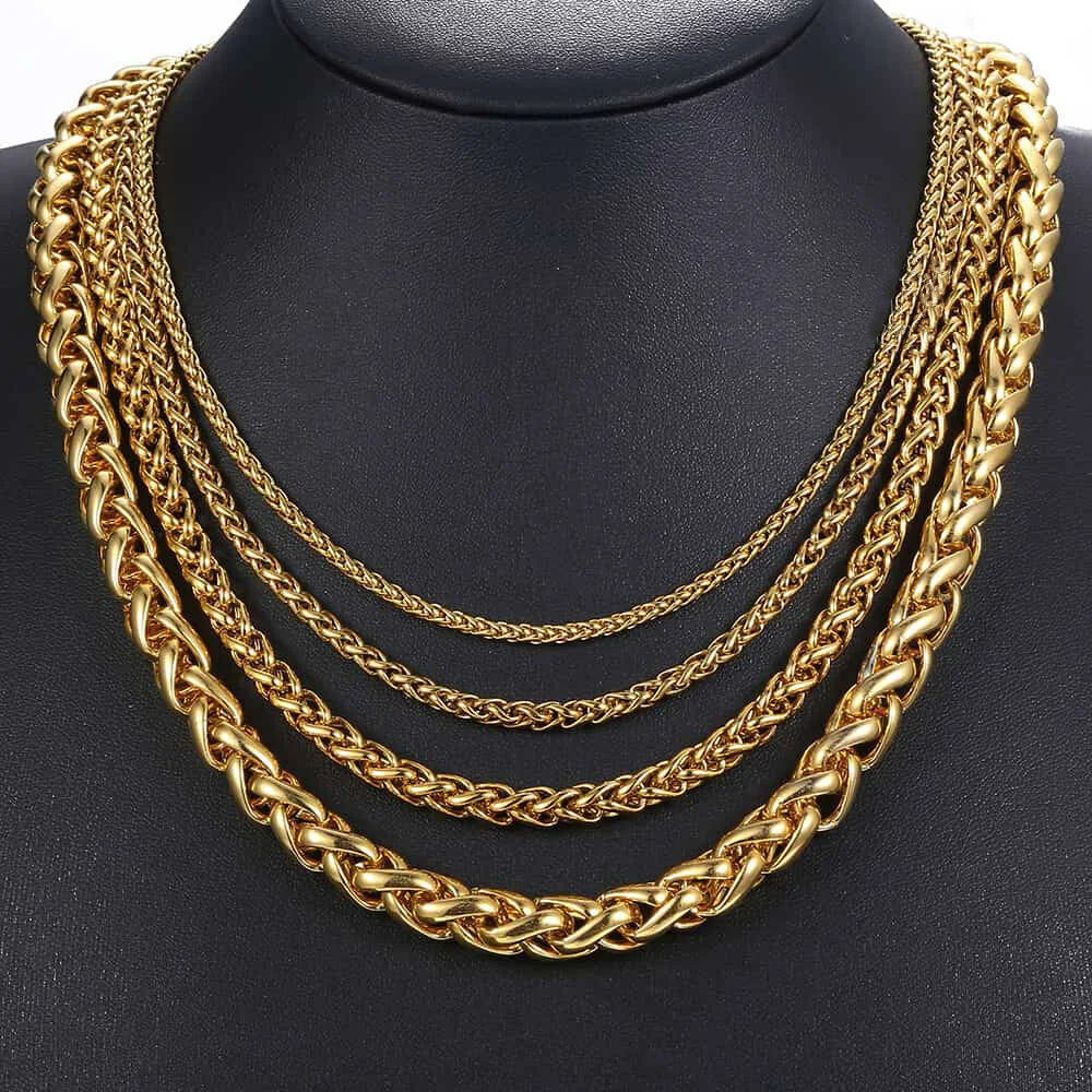 2mm 3mm Men Braided Wheat Spiga Chain 14K Solid Yellow Real Gold Filled Round Stainless Steel Women Jewelry Link Keel Necklace