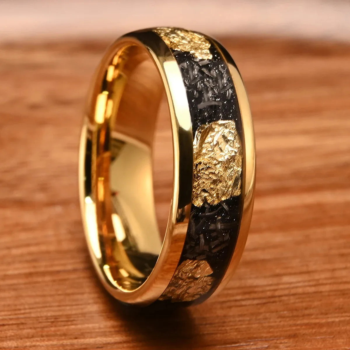 Tungsten carbide Classic Ring Personalized Yellow Gold Natural Stone Broken Gold Foil Meteorite Unisex Engagement Wedding Band