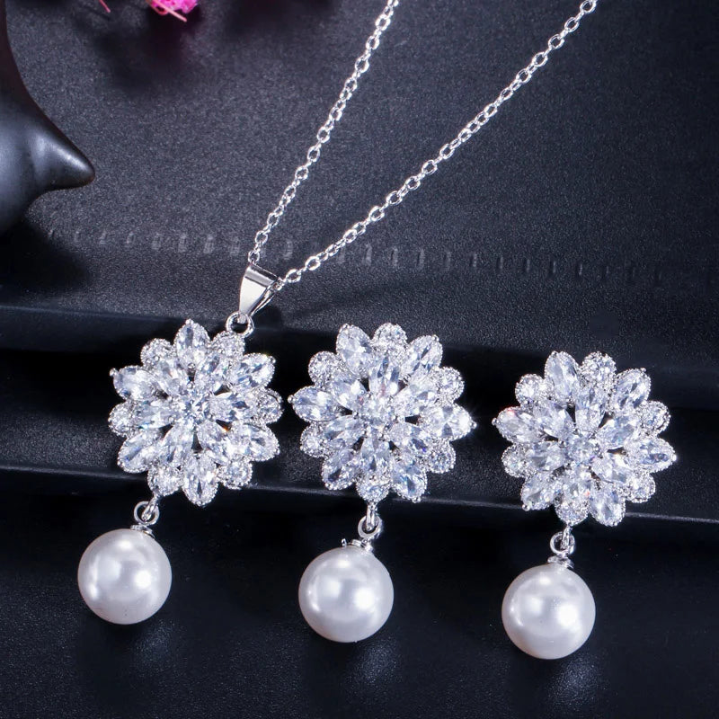 Brilliant Cubic Zirconia Stone Trendy Flower Pearl Jewelry Sets High Quality Dangle Earring and Necklace for Women Engagement