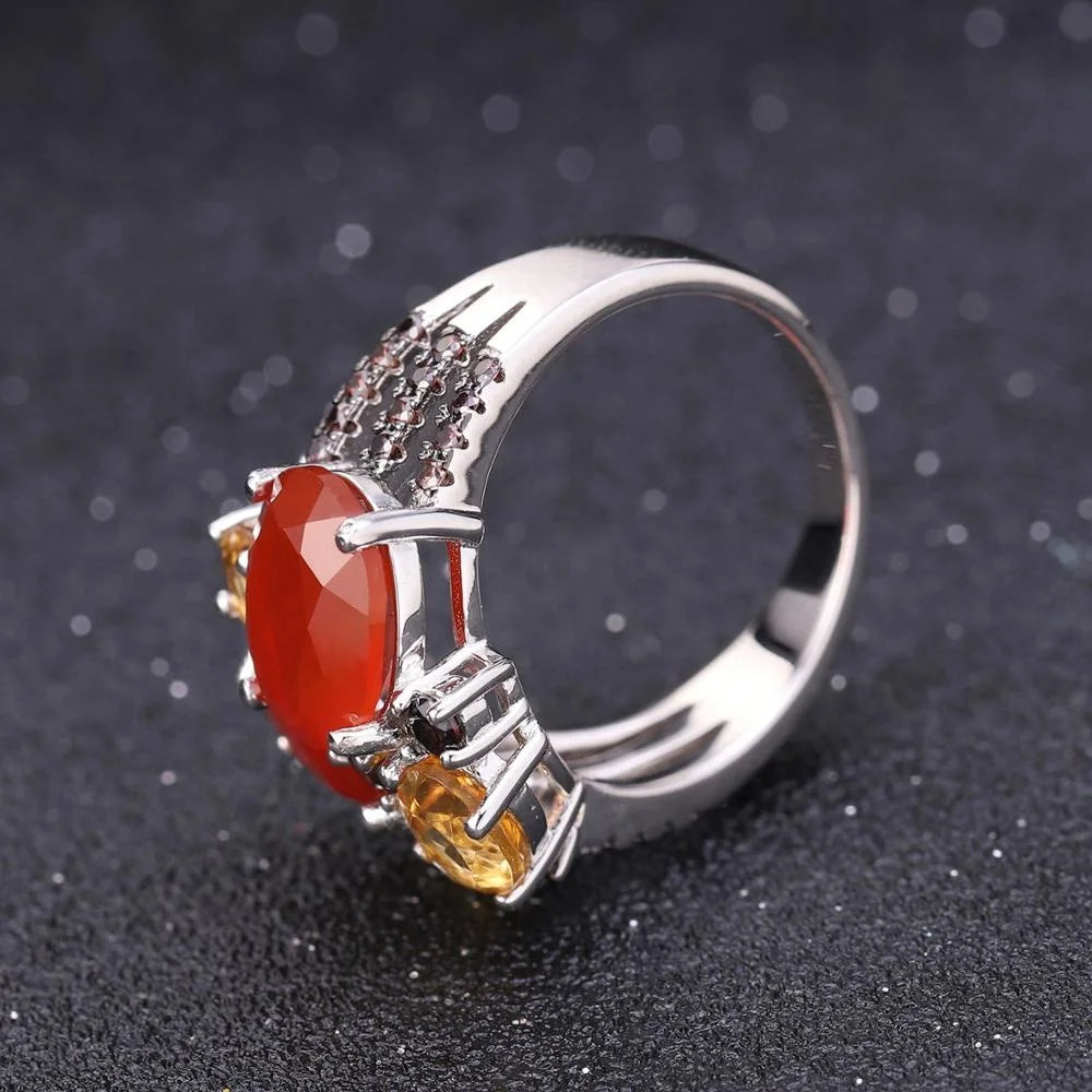ArtistA C7645 Abiding Multiple Gemstones Natural Carnelian Red Agate Citrine 925 Silver Sterling Cluster Ring Women Jewelry
