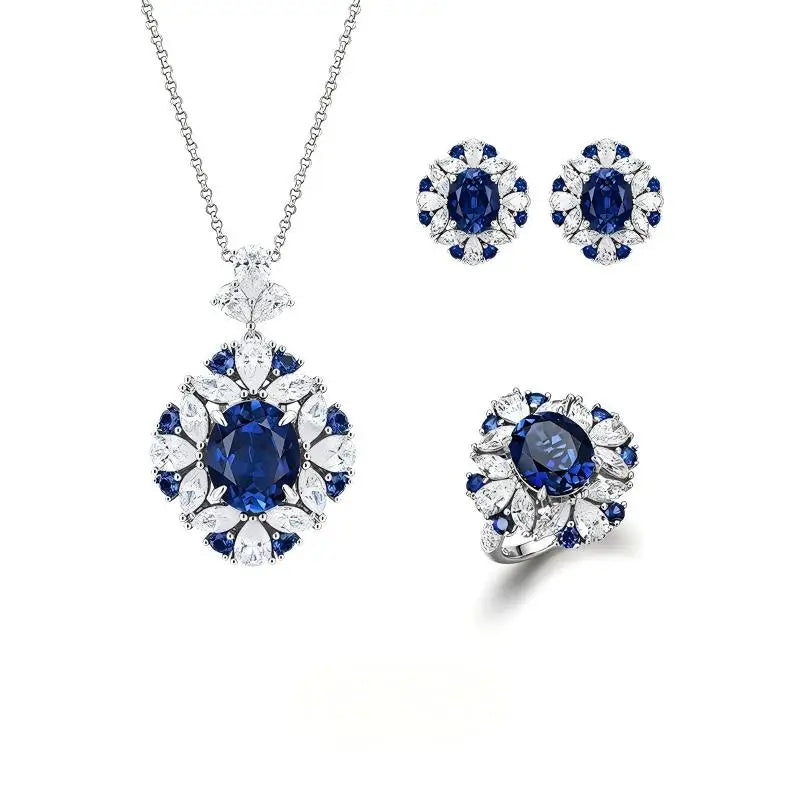ArtistA High Quality Prong Set 925 Sterling Silver Lab Grown Blue Sapphire Ring Earring Necklace Set