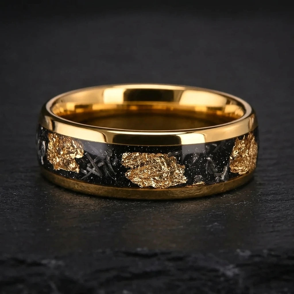 Tempusort Fashion Jewelry 8mm Gold Plated Inlaid Broken Gold Foil Meteorite Tungsten Carbide Ring for Men Wedding Engagement